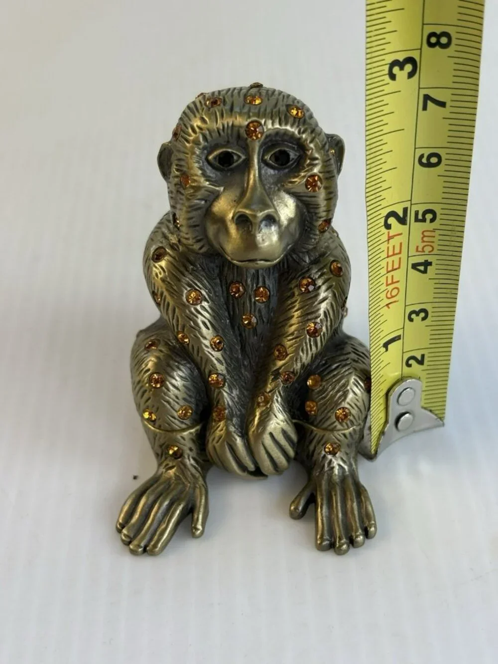 Vintage Cast Brass Monkey Trinket Dish Figurine Amber Rhinestone Crystals Heavy